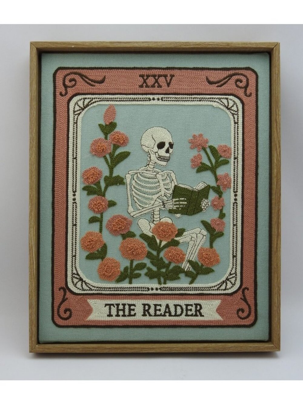 New  The Reader Tarot Card Skeleton Floral Embroidered Framed Wall Art 15" Pink